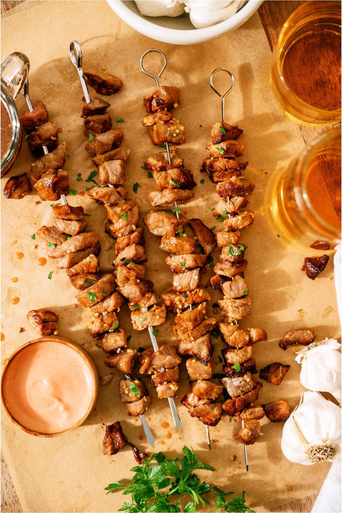 Top view of Korean BBQ Beef on skewers.