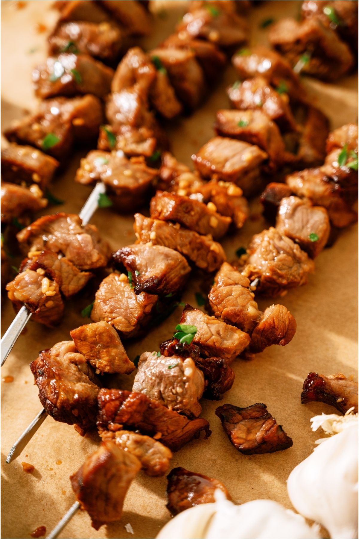 Close up of Korean BBQ Beef on skewers.