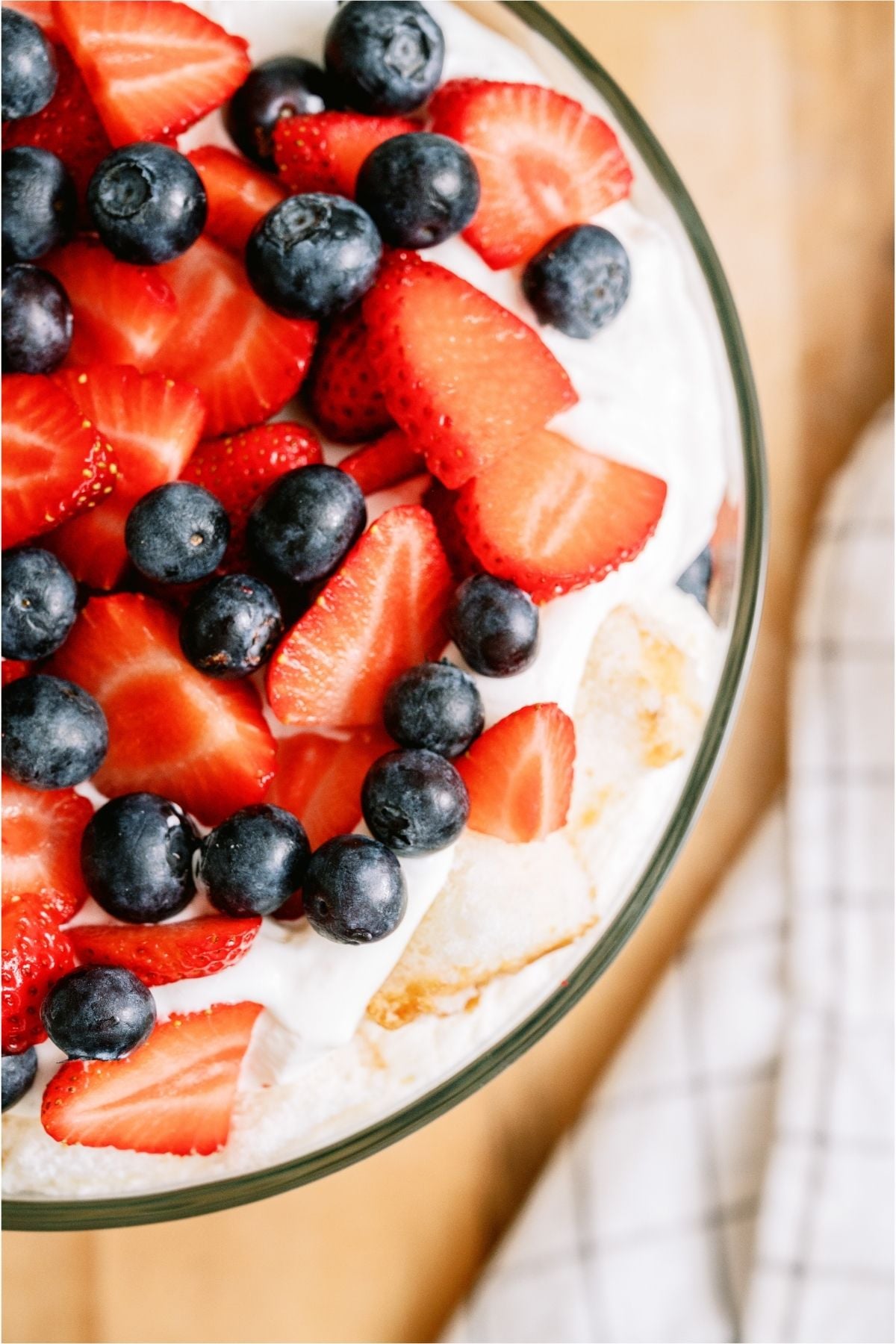 Top view of Patriotic Berry Trifle in a trifle dish.