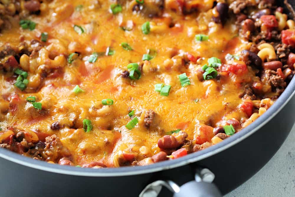 Close up of Chili Mac Skillet in pan