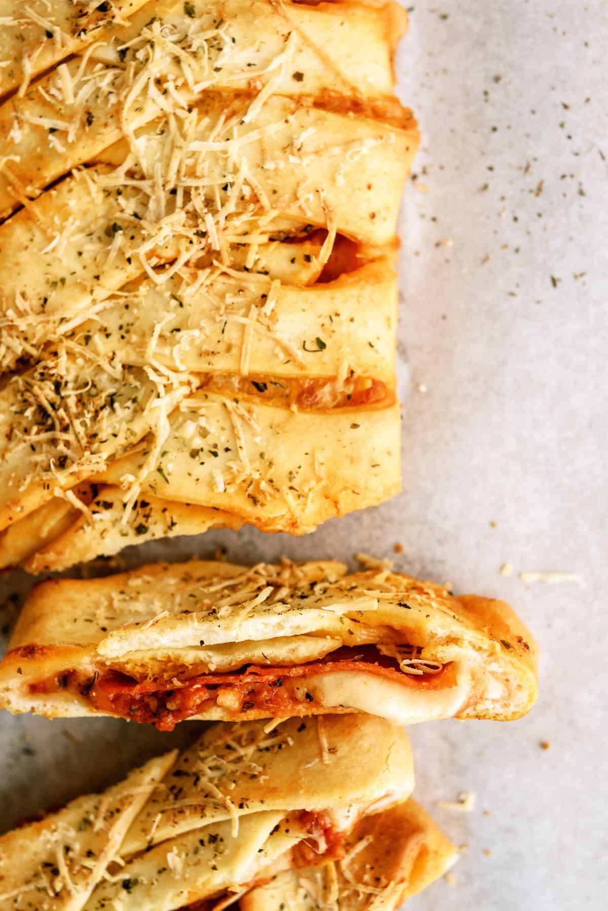 Easy Braided Pizza Loaf sliced 