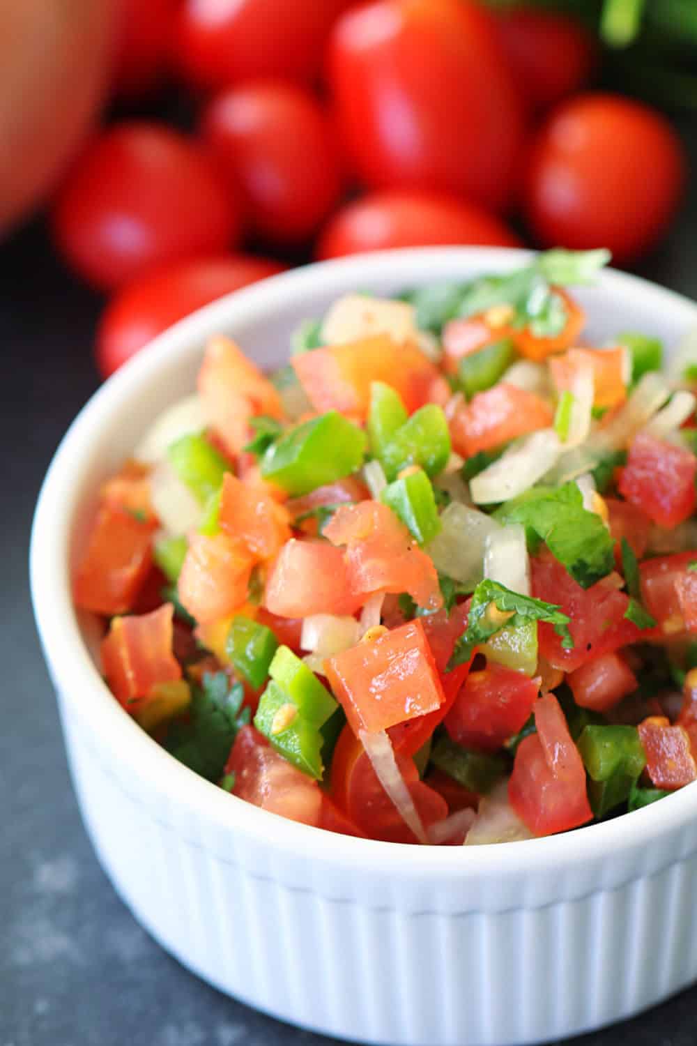 Close up of the best fresh tomato salsa in a bowl