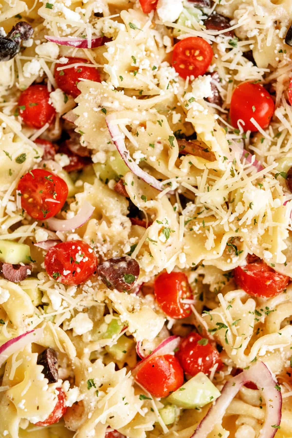 Close up of Greek Pasta Salad