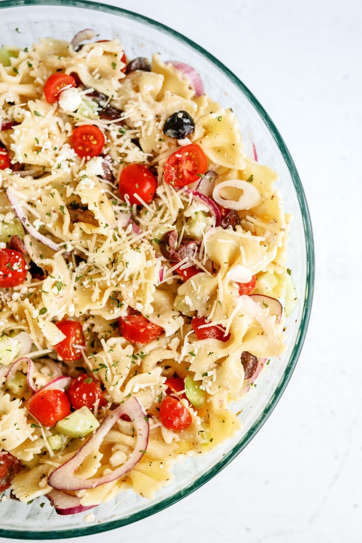 Greek Pasta Salad in a large glass bowl