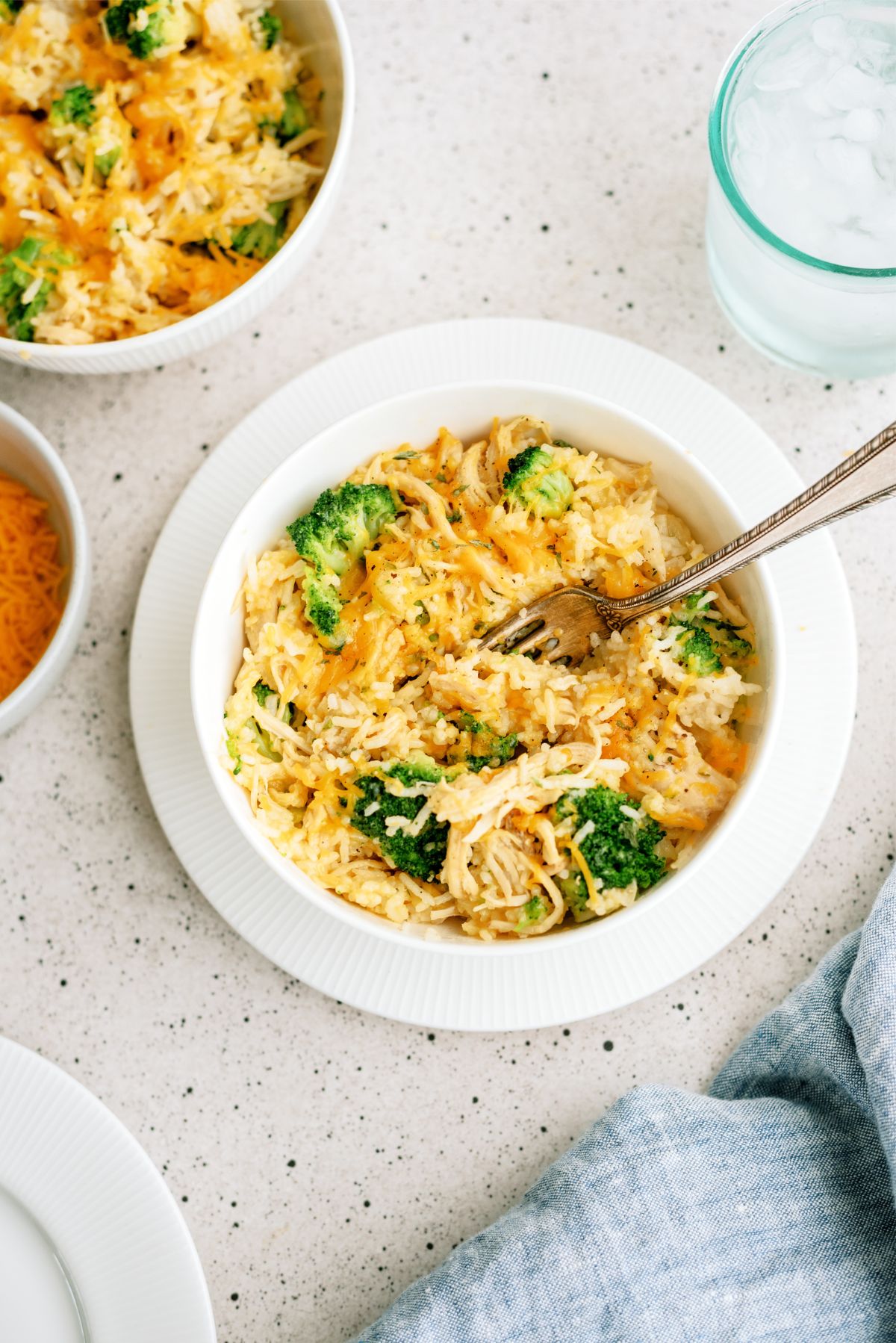Top view of Instant Pot Cheesy Broccoli Chicken and Rice in a bowl