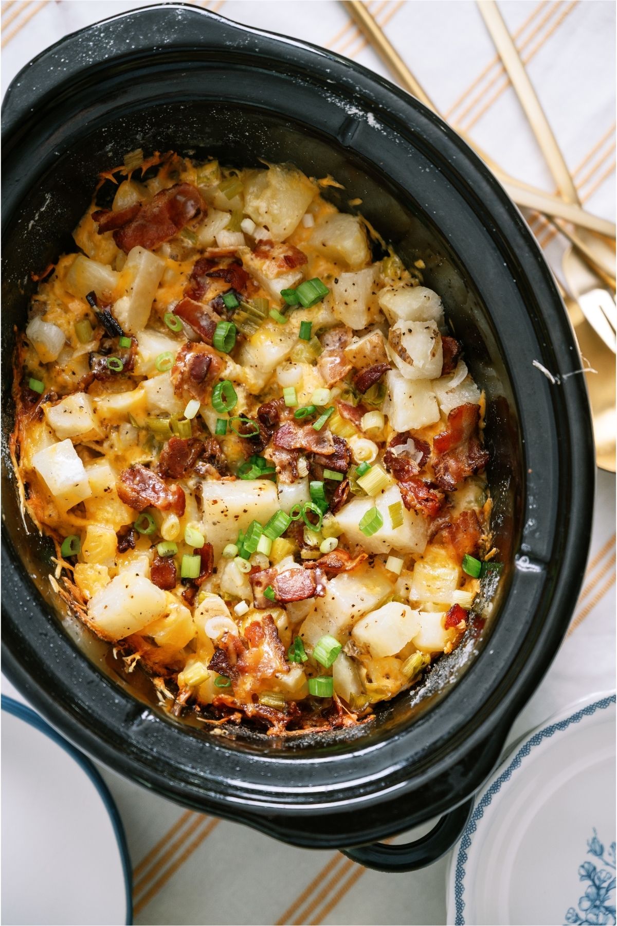 Top view of Slow Cooker Loaded Chicken and Potato Casserole in the slow cooker.