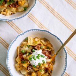 Top view of a bowl of Slow Cooker Loaded Chicken and Potato Casserole topped with sour cream.