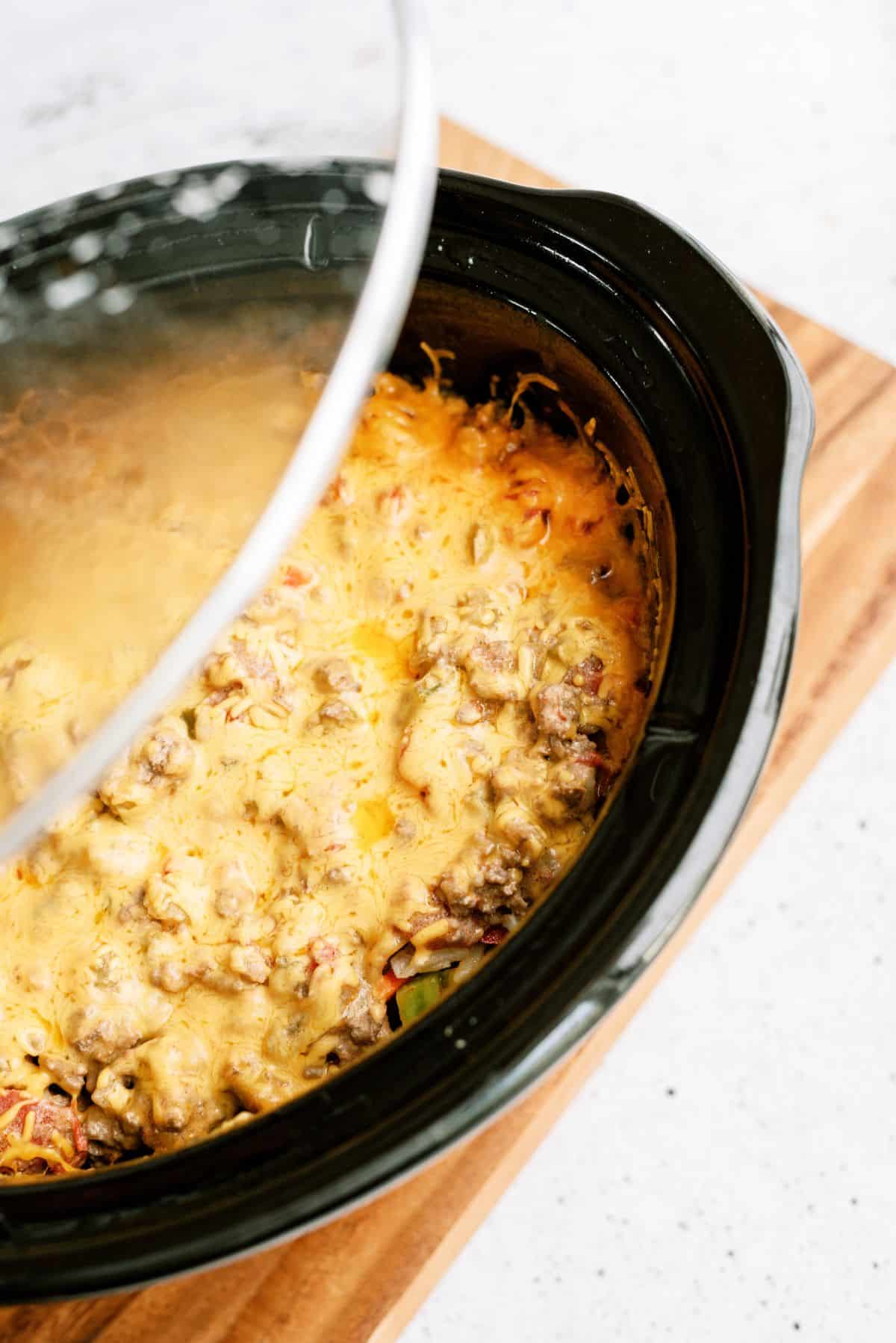 Slow Cooker Mexican Hamburger Hashbrown Casserole in slow cooker