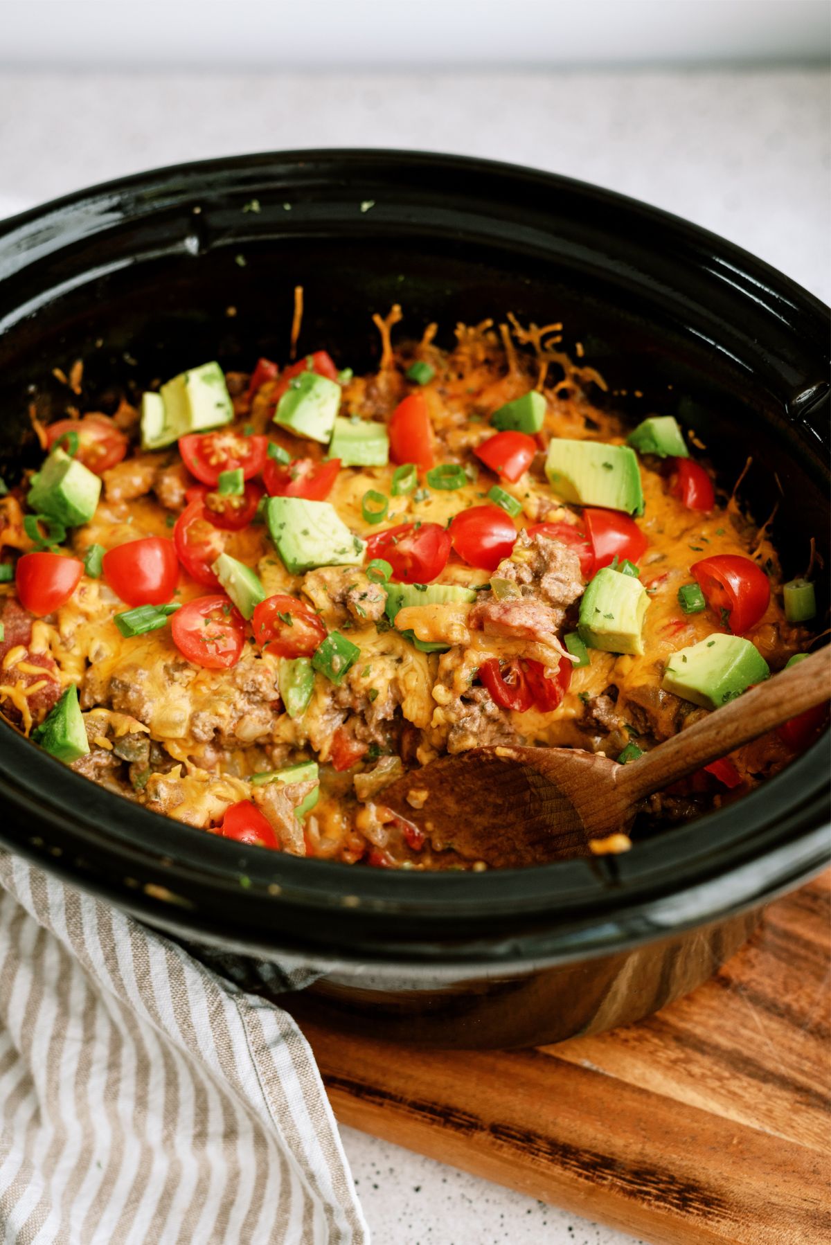 Slow Cooker Mexican Hamburger Hashbrown Casserole in the slow cooker