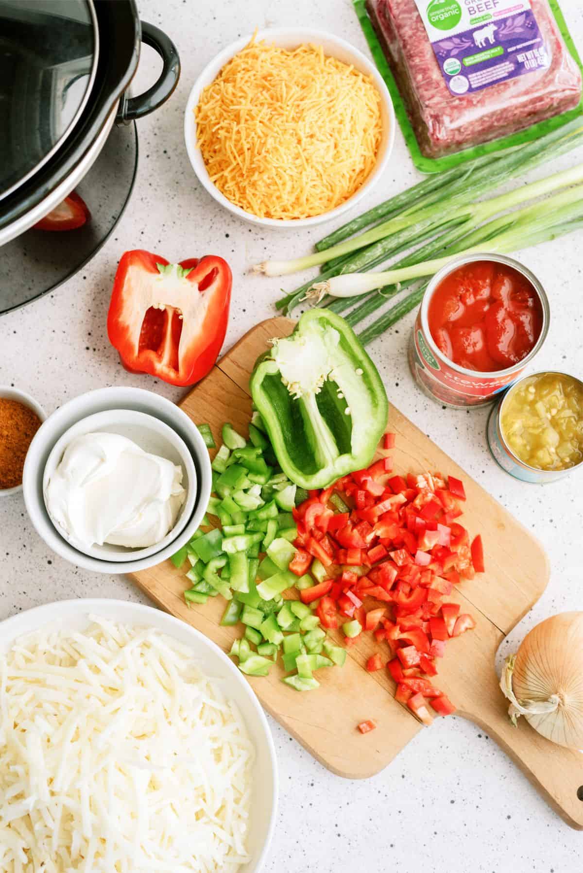 Ingredients needed to make Slow Cooker Mexican Hamburger Hashbrown Casserole