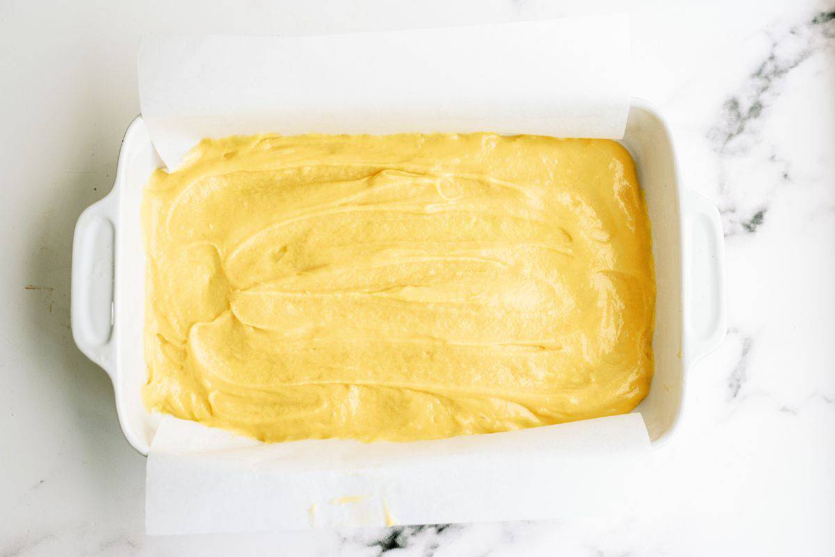 Cream puff layer in pan, ready to bake