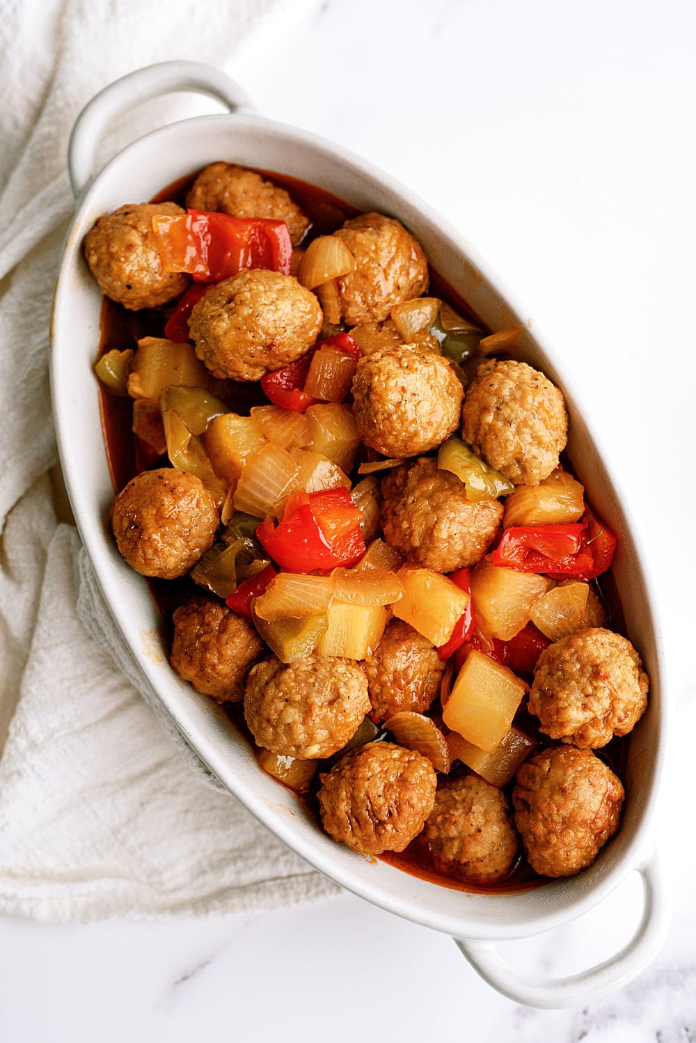 Instant Pot sweet and sour meatballs in a serving dish