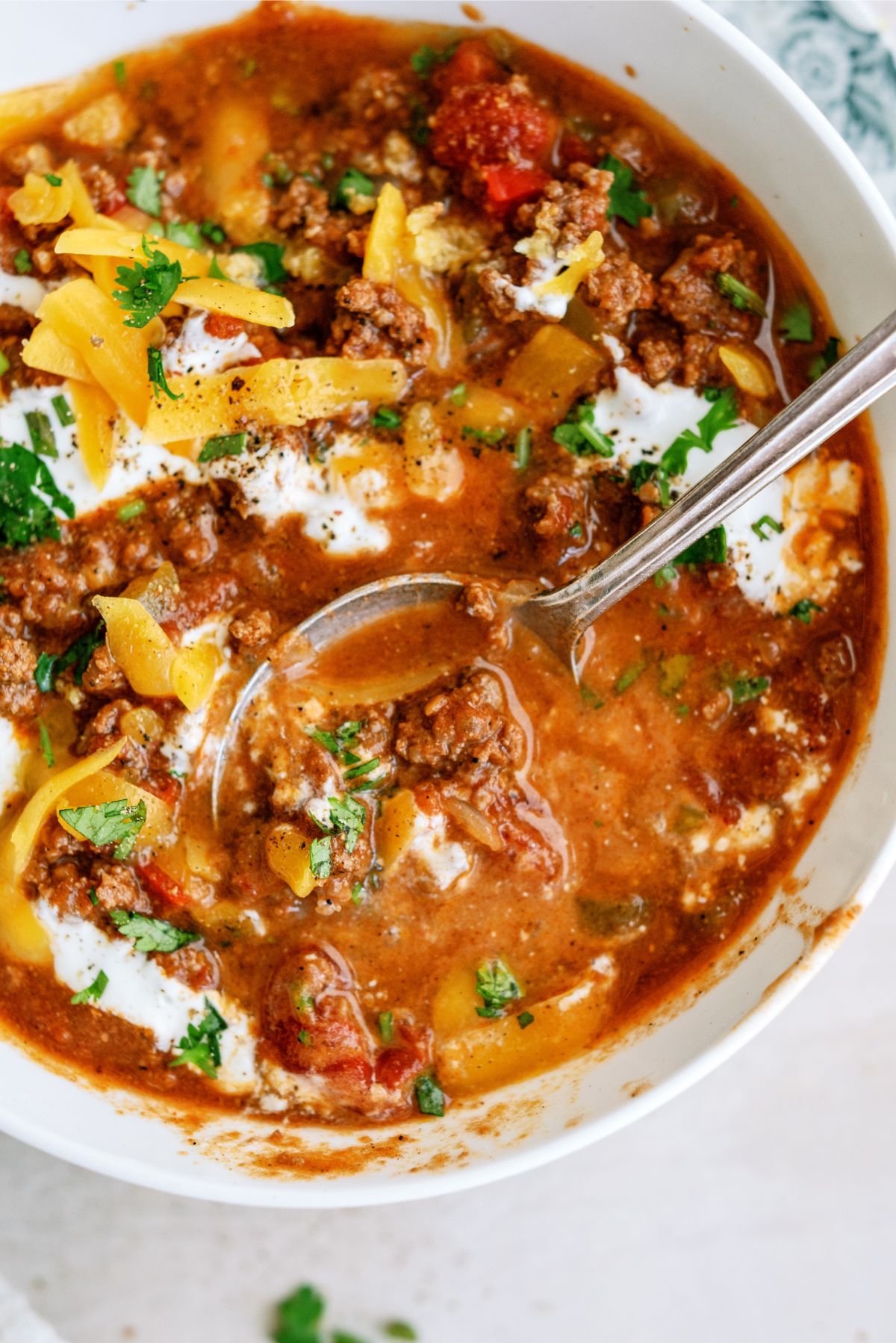 Close up of a bowl of Instant Pot No-Bean Chili with Ground Beef