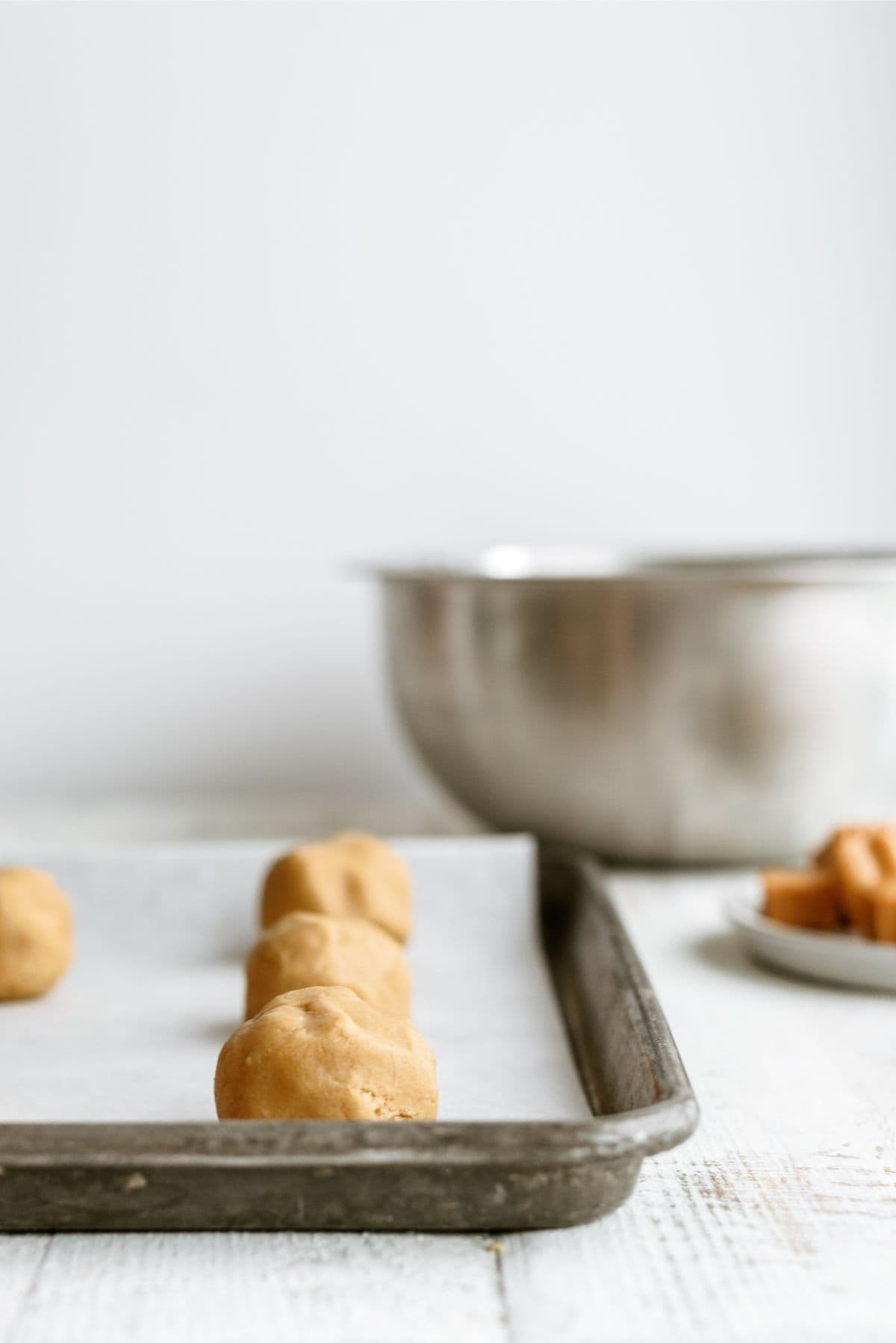 Apple Cider Caramel Cookies unbaked on sheet pan