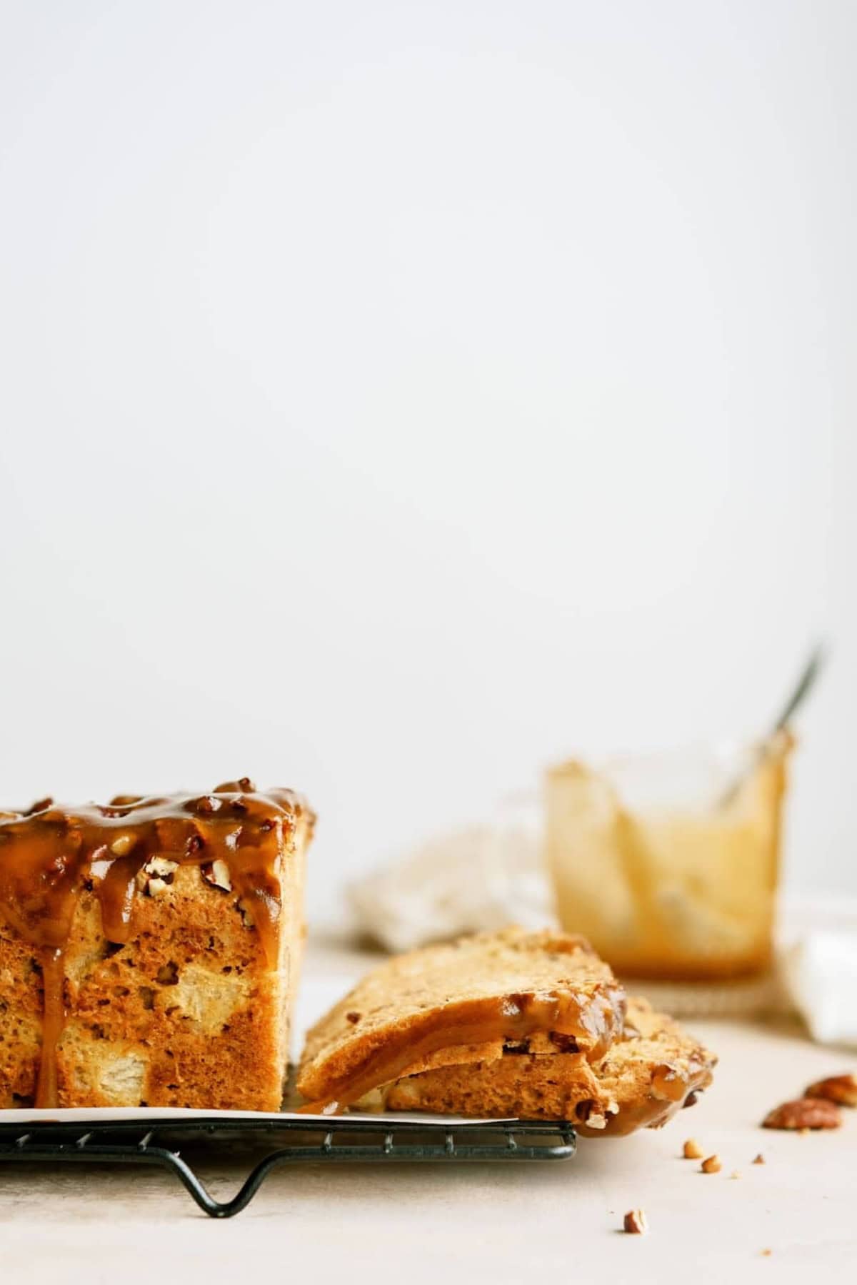 Apple Praline Bread sliced on a cooling rack