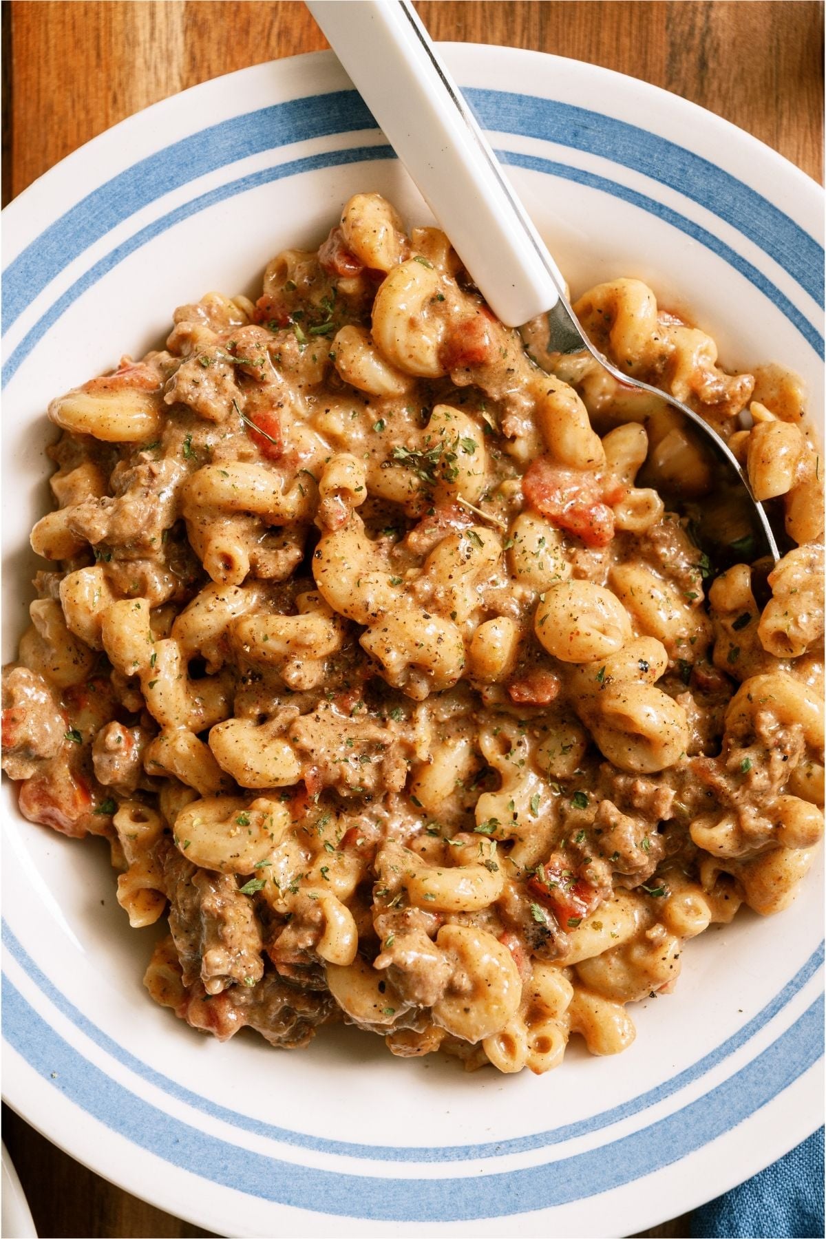 Top view of Cheeseburger Macaroni in a bowl.