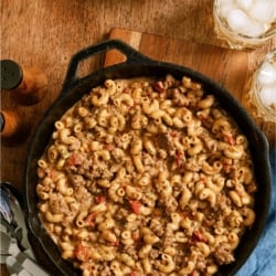 Top view of Cheeseburger Macaroni in a skillet.