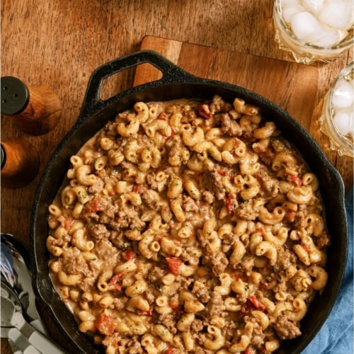 Top view of Cheeseburger Macaroni in a skillet.