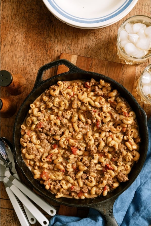 Top view of Cheeseburger Macaroni in a skillet.