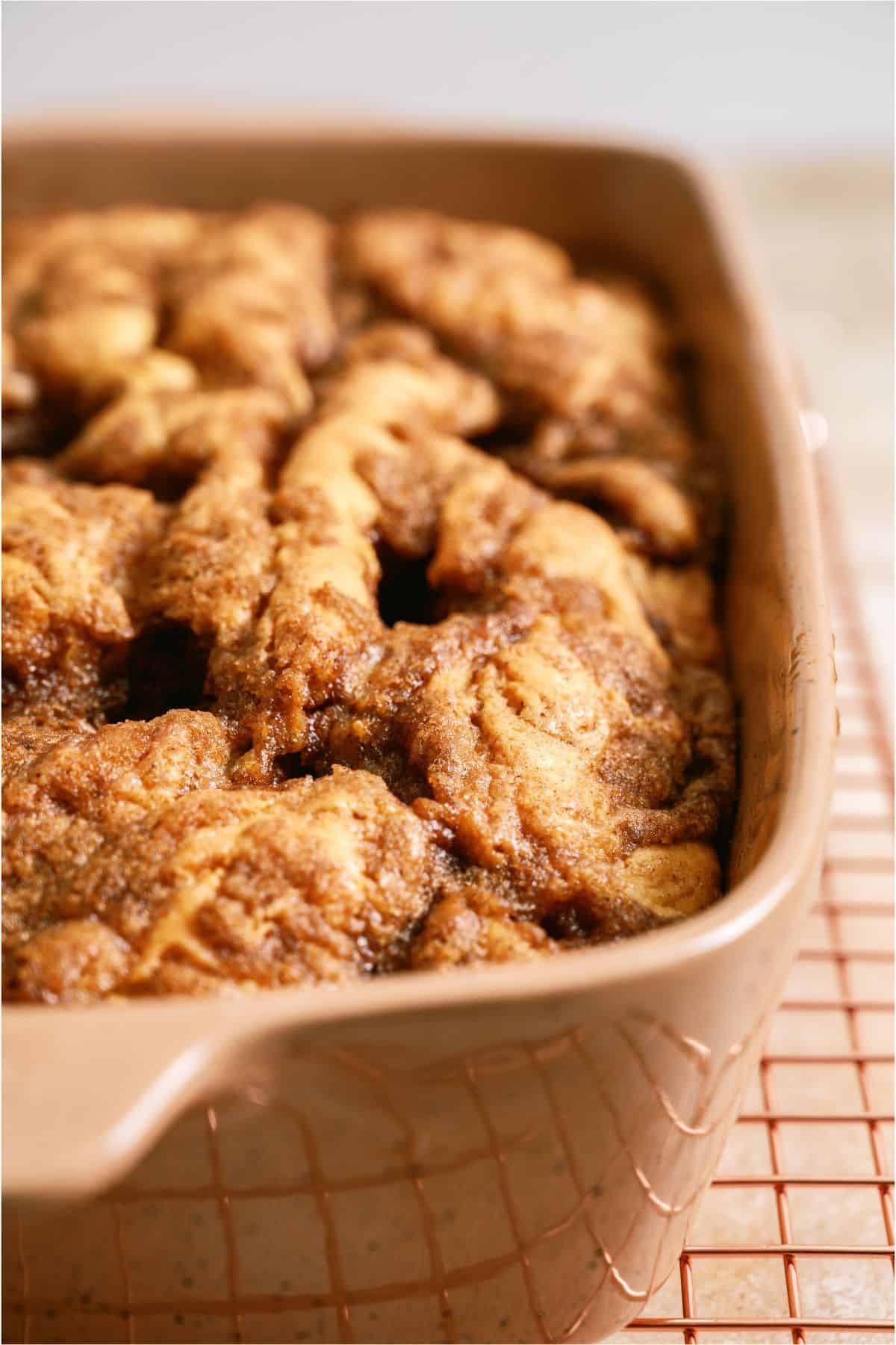 Close up of Cinnabon Cinnamon Roll Cake in a baking dish.