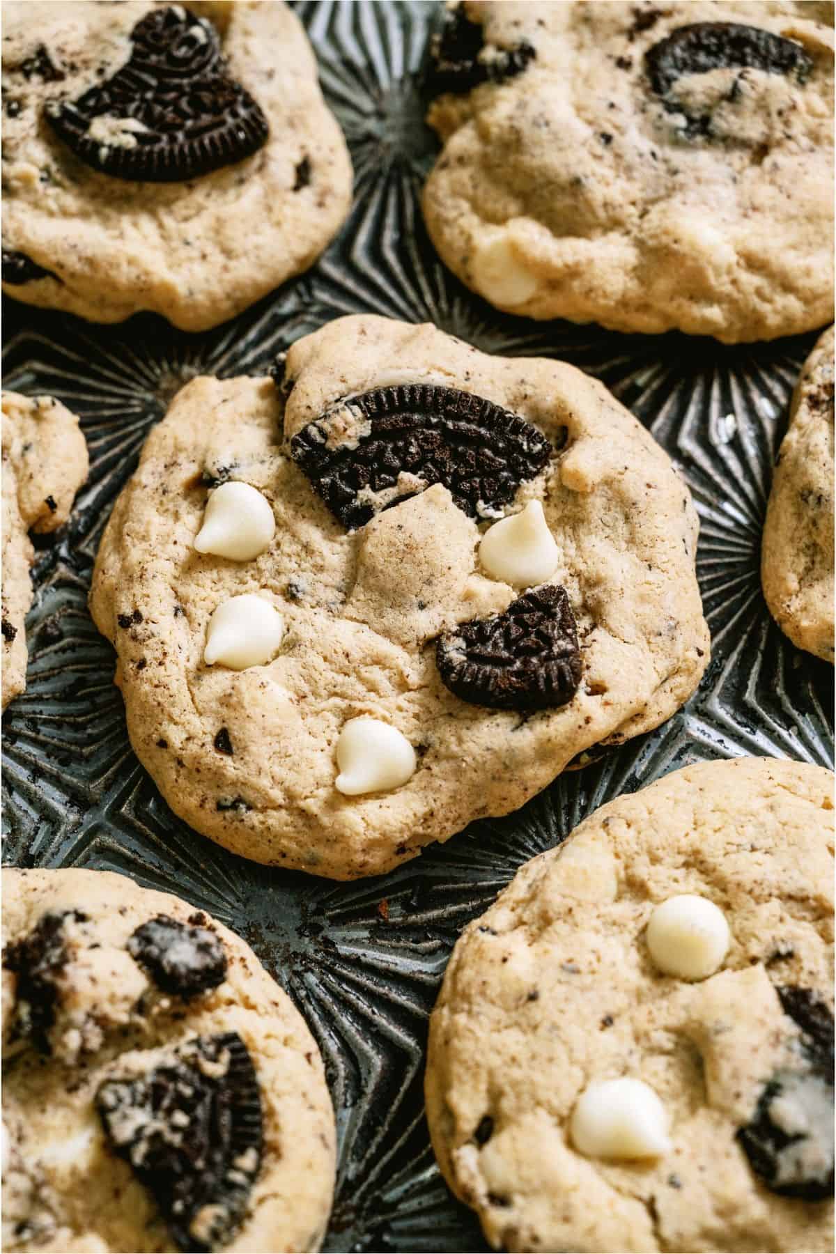 Top view of Cookies and Cream Cookies on a baking sheet.