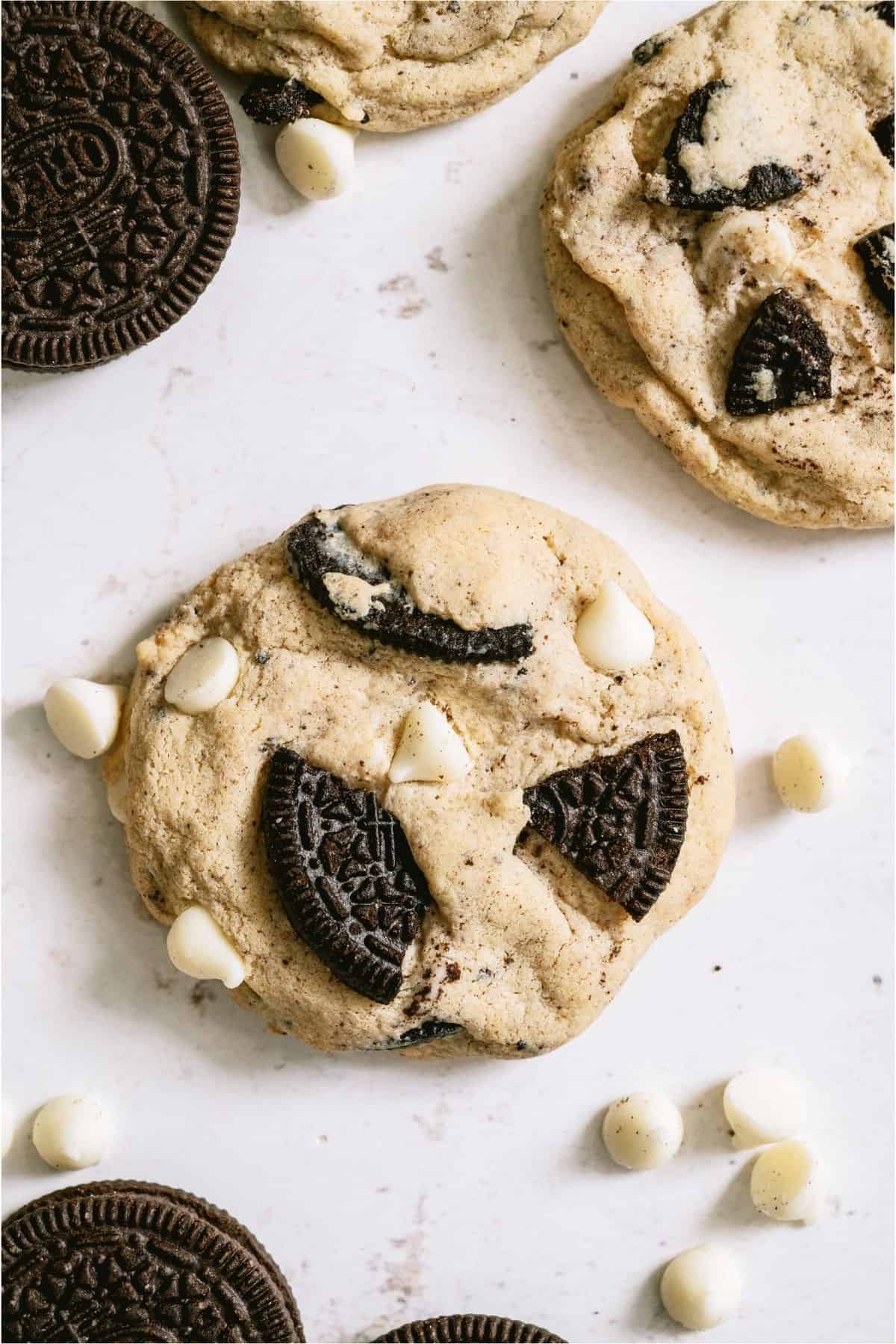 Cookies and Cream Cookies on a white background with chocolate chips.