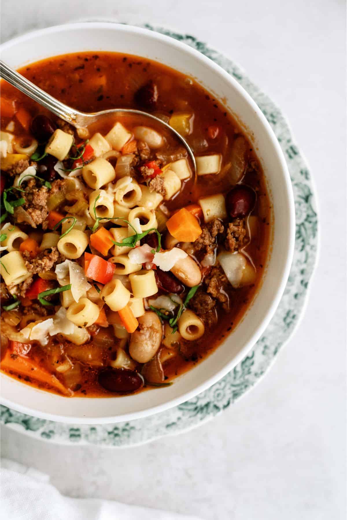 Close up of a bowl of Instant Pot Pasta e Fagioli Recipe (Olive Garden Copycat)