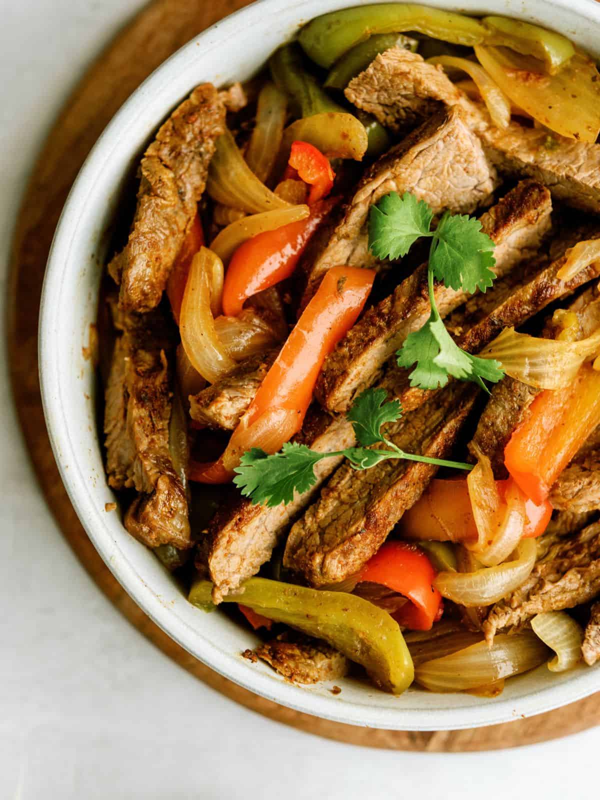 Close up of Instant Pot Steak Fajitas on a serving plate