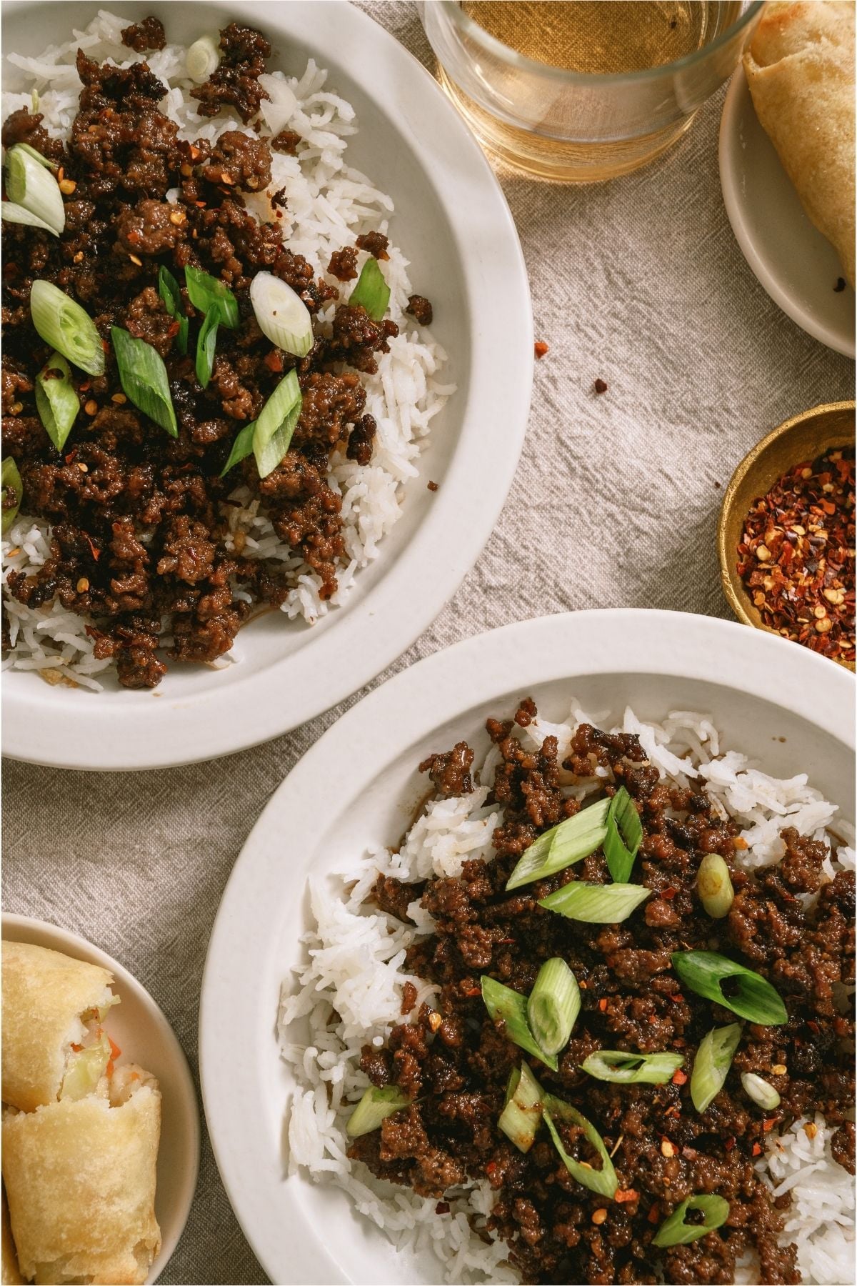 Two plates of Korean Beef and Rice.