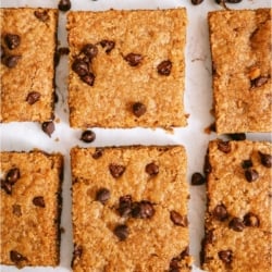 Sheet Pan Chocolate Chip Cookie Bars cut into squares.