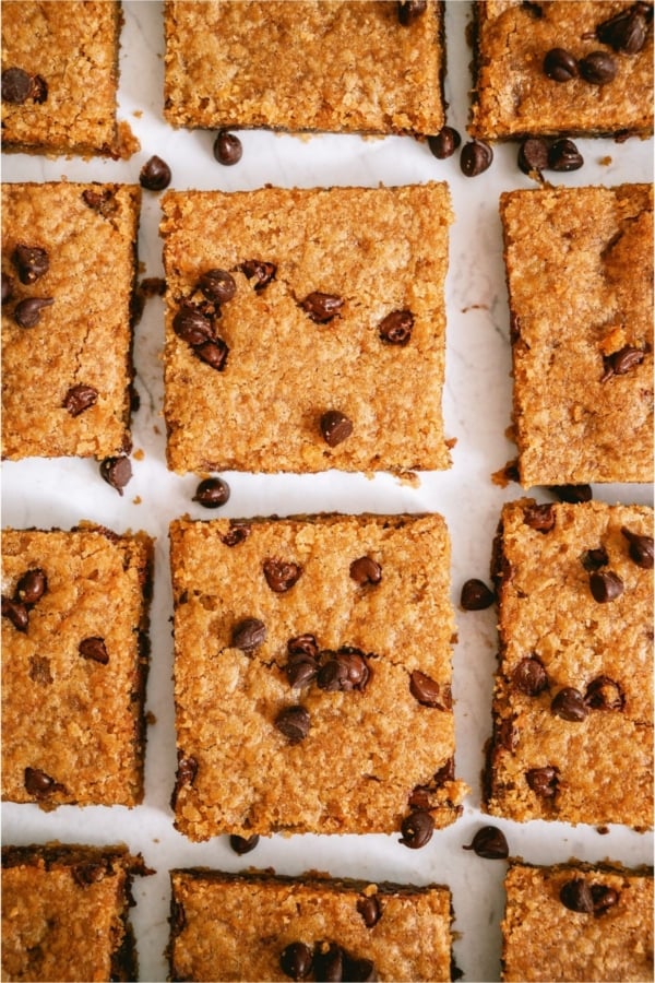 Sheet Pan Chocolate Chip Cookie Bars cut into squares.