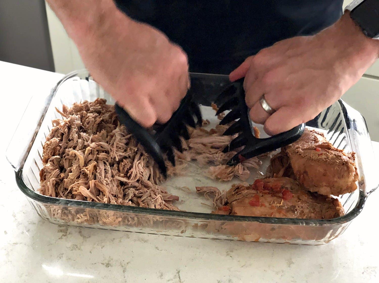 Shedding pork in glass dish