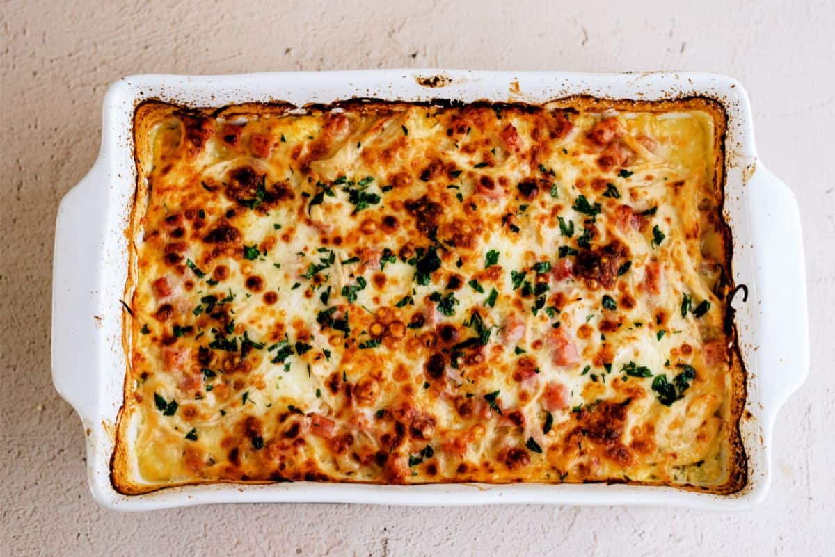 Chicken Cordon Bleu Lasagna in casserole dish