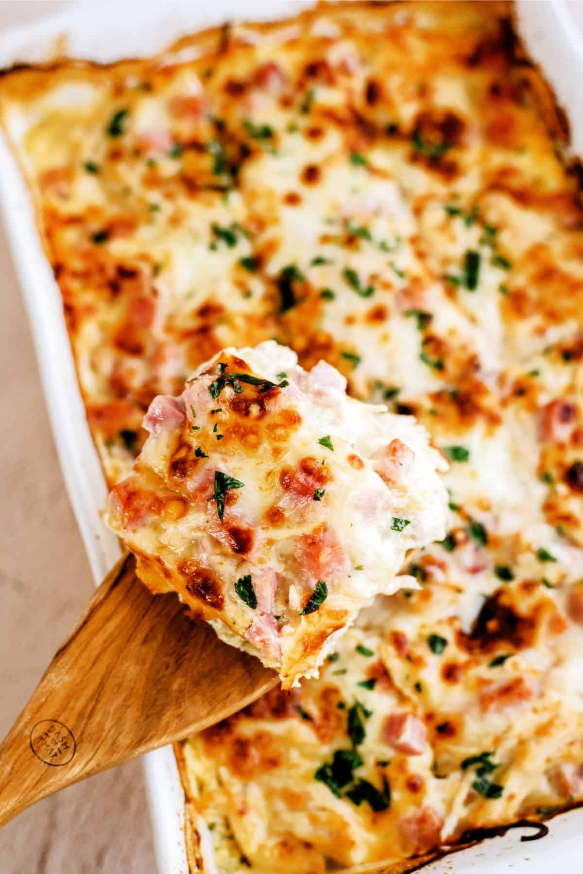 Chicken Cordon Bleu Lasagna in casserole dish