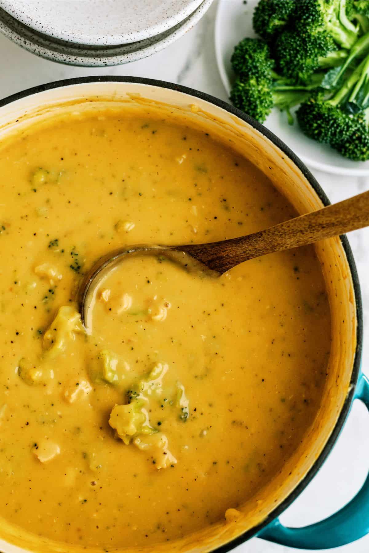 Top view of Chicken and Broccoli Cheese Soup in the stock pot