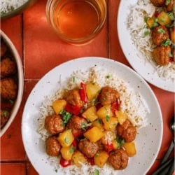 Top view of Instant Pot Hawaiian Meatballs served over rice on a plate.