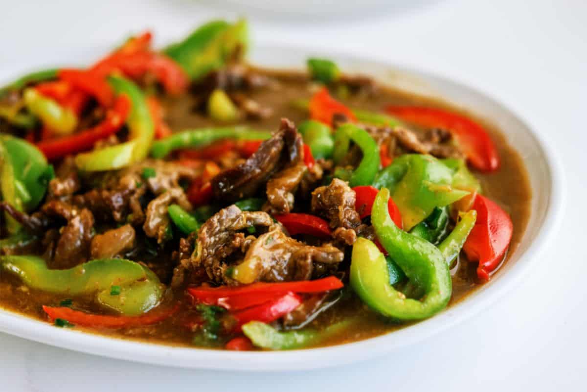 Instant Pot Pepper Steak on a serving platter