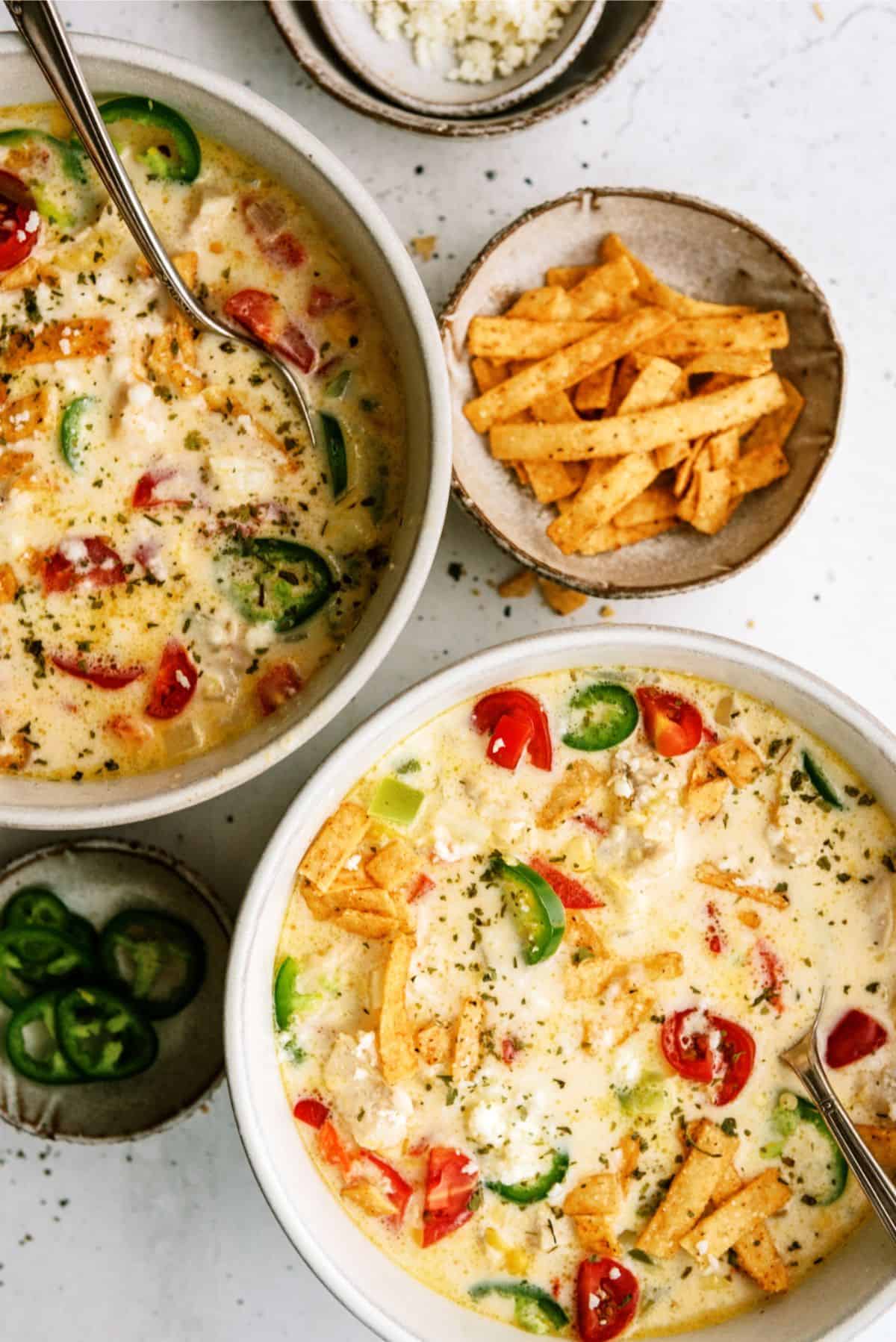 2 bowls of Mexican Cheesy Chicken Corn Chowder