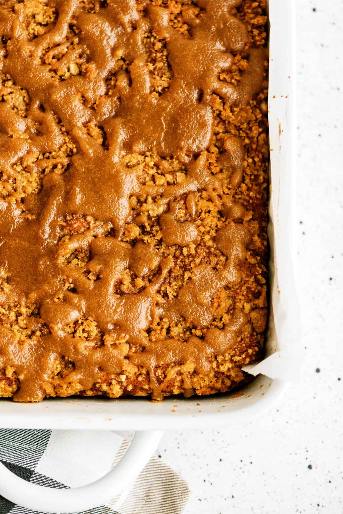 A pan of Pumpkin Coffee Cake with Brown Sugar Glaze