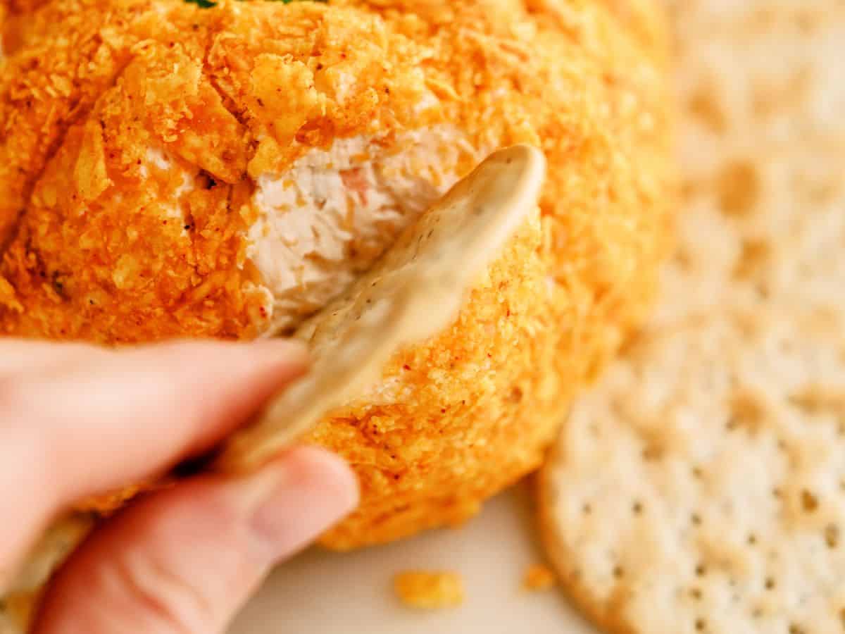 A person dipping a cracker into an orange-colored cheese ball, surrounded by more crackers.
