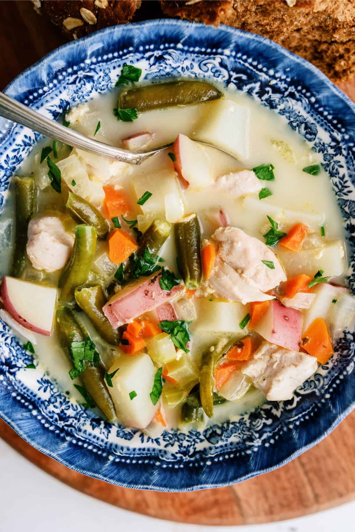 Close up serving of Slow Cooker Creamy Chicken Stew in a bowl