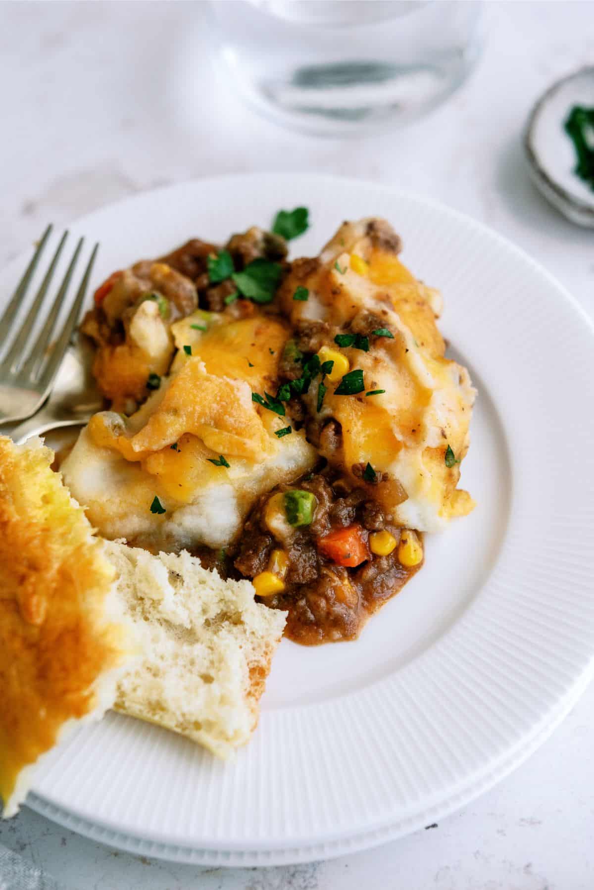 A serving of Slow Cooker Ground Beef Shepherd’s Pie Recipe on a plate