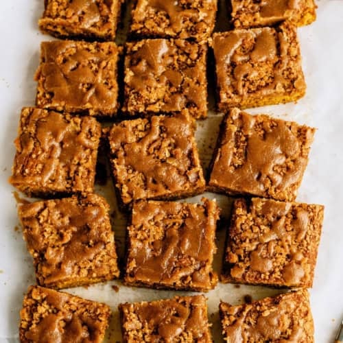 Sliced pieces of pumpkin coffee cake on a piece of wax paper