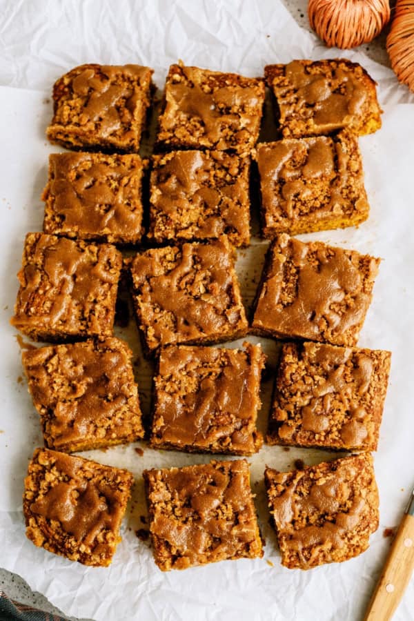 Sliced pieces of pumpkin coffee cake on a piece of wax paper