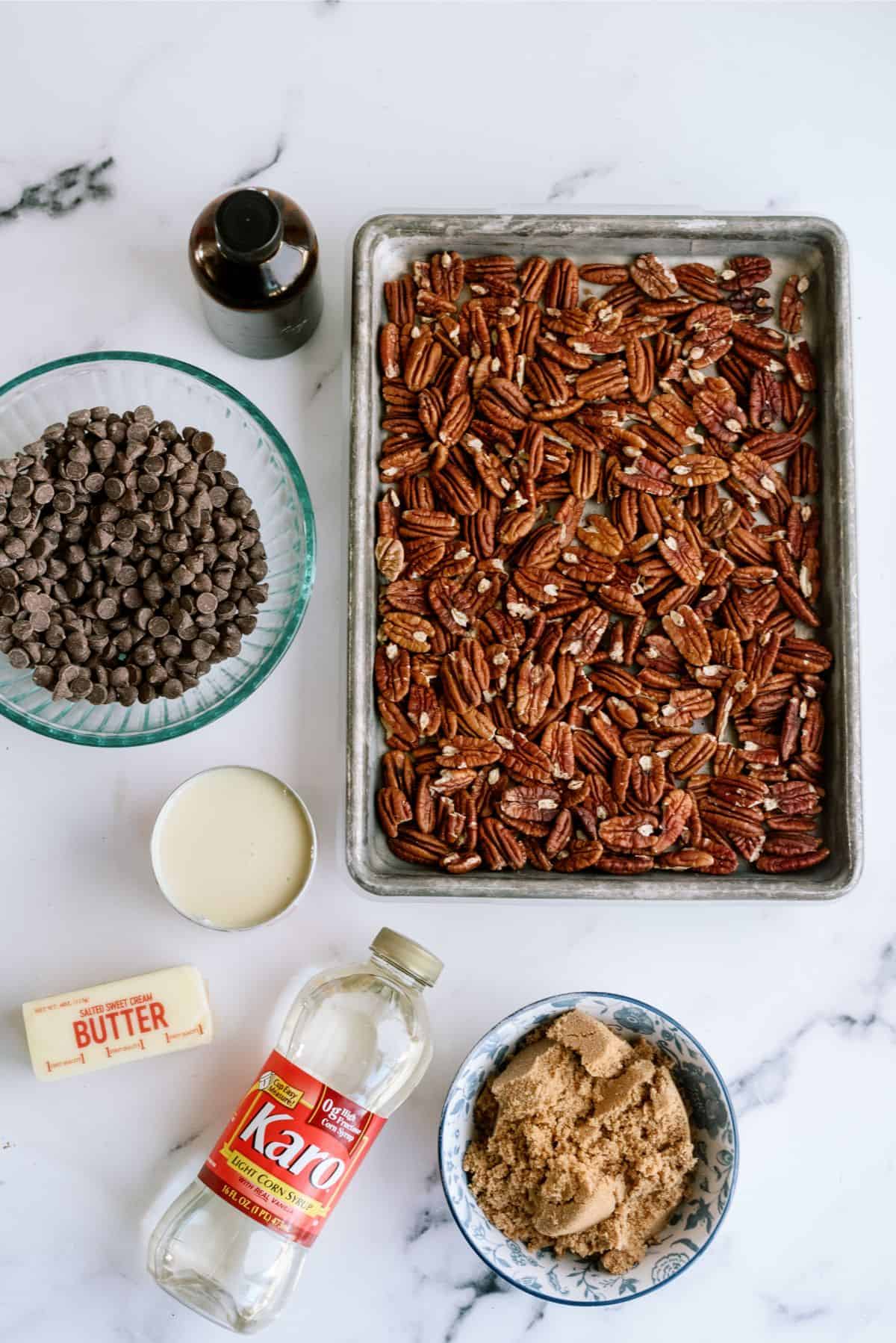 Ingredients needed to make Chocolate Caramel Pecan Turtles