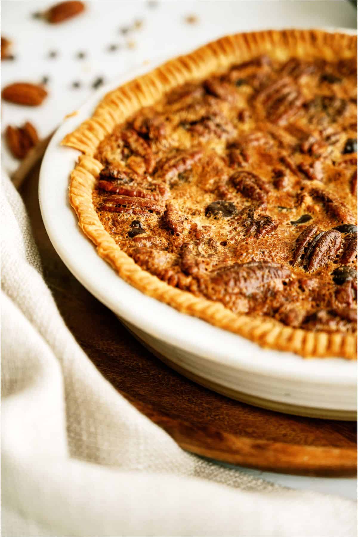 Close up of Chocolate Pecan Pie in pie dish.