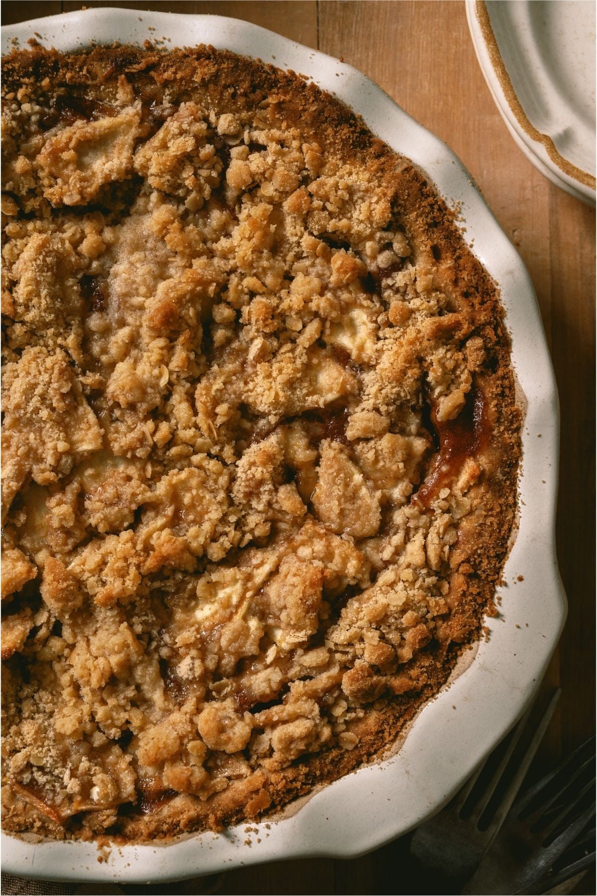 Top view of a Dutch Apple Pie in a pie dish.