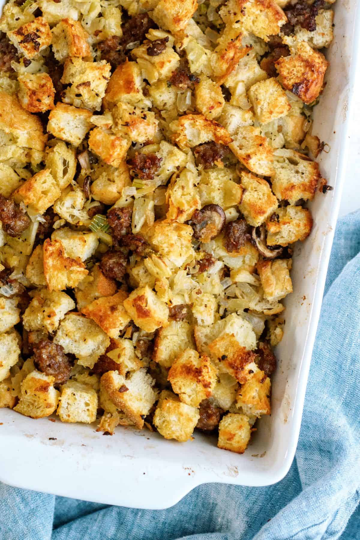 Easy Homemade Sausage Stuffing in a casserole dish