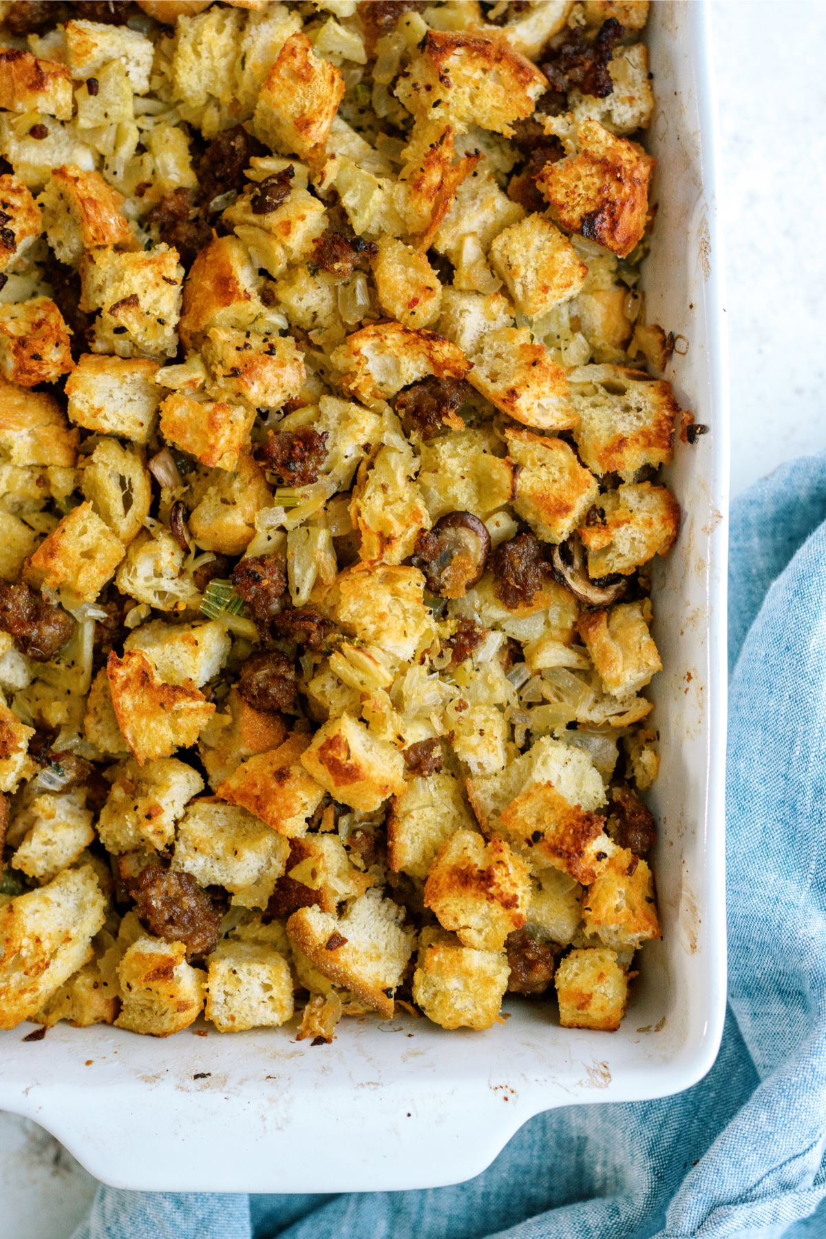 Easy Homemade Sausage Stuffing in a casserole dish