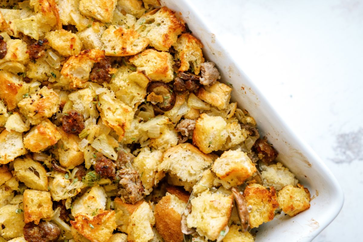 Easy Homemade Sausage Stuffing in a casserole dish